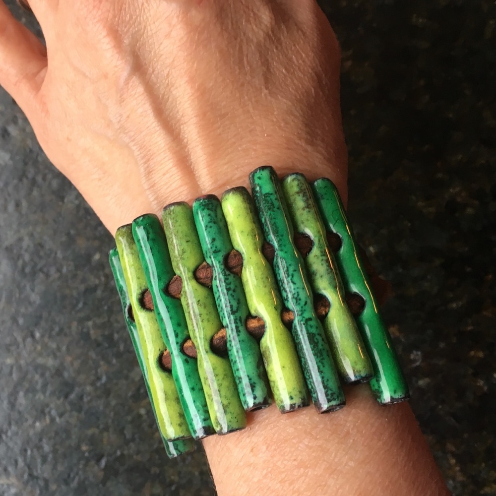 Beautiful green enameled copper bracelet, Artisan